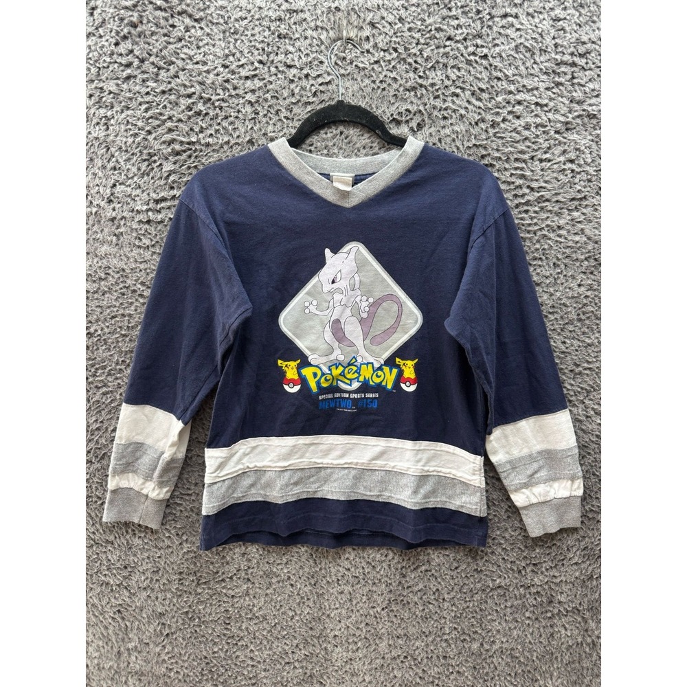Vintage Nintendo Pokemon Mewtwo‎ Cropped Long Sleeve T Shirt Blue Youth Size M